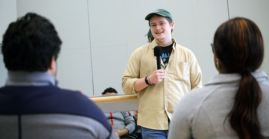 A student hones communication skills by learning how to use comedy to deliver messages.
